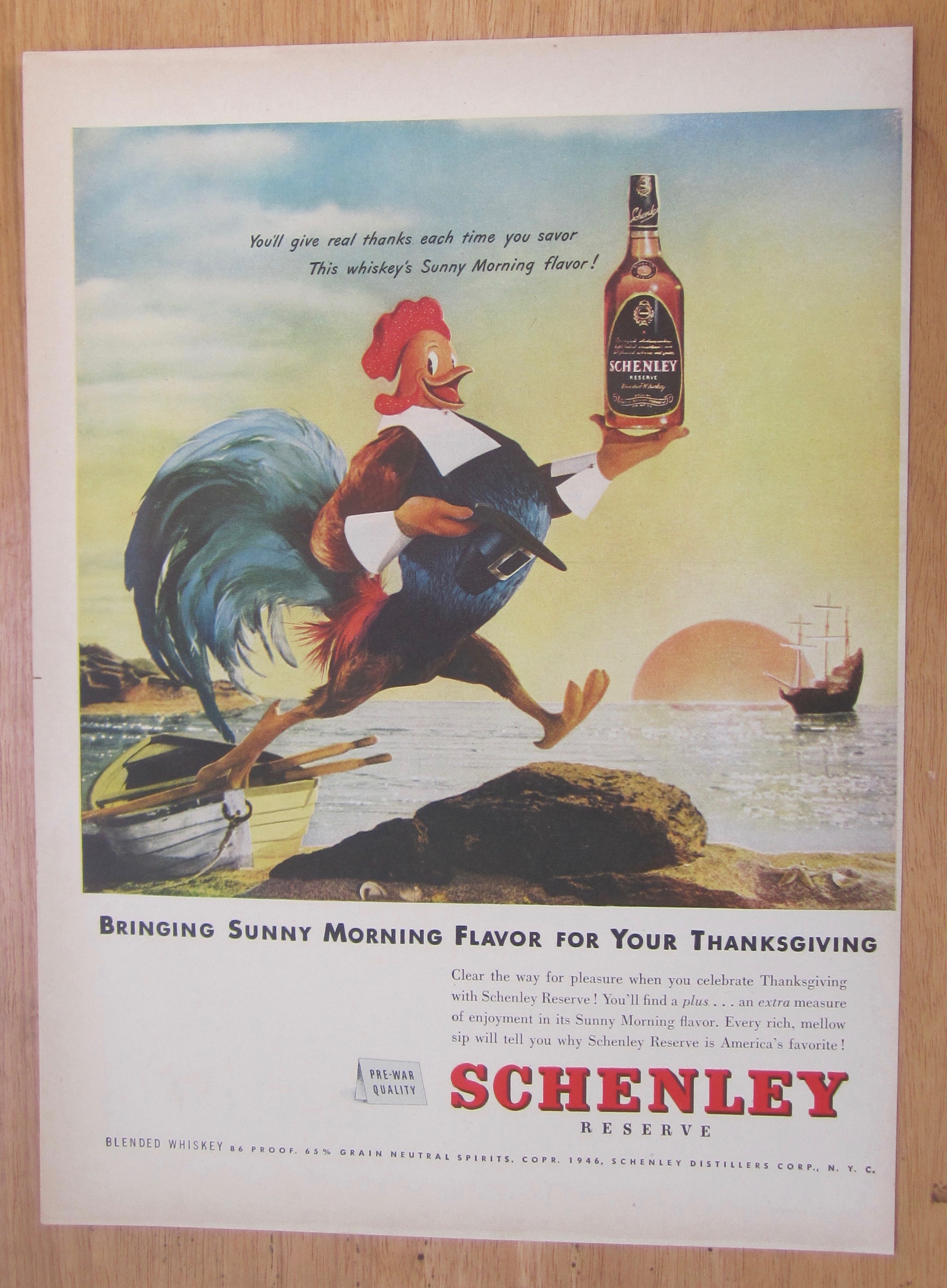 1946 Schenley Whiskey with Rooster Carrying Bottle