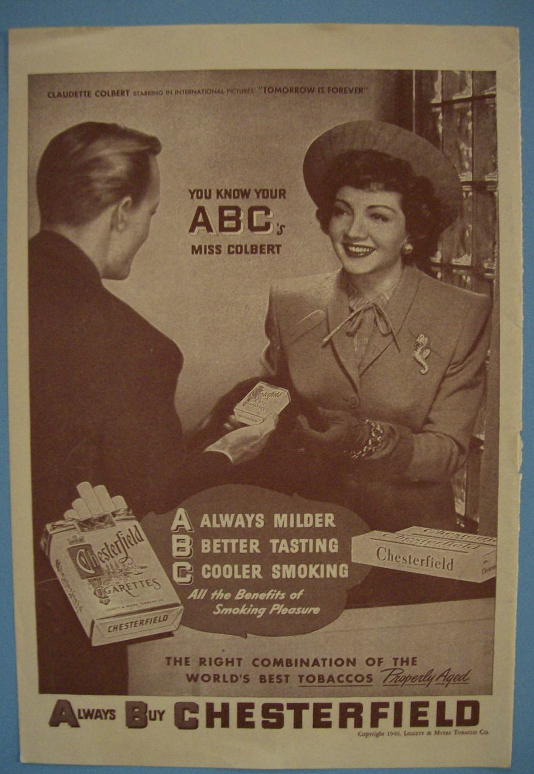 1946 Chesterfield Cigarettes with Claudette Colbert