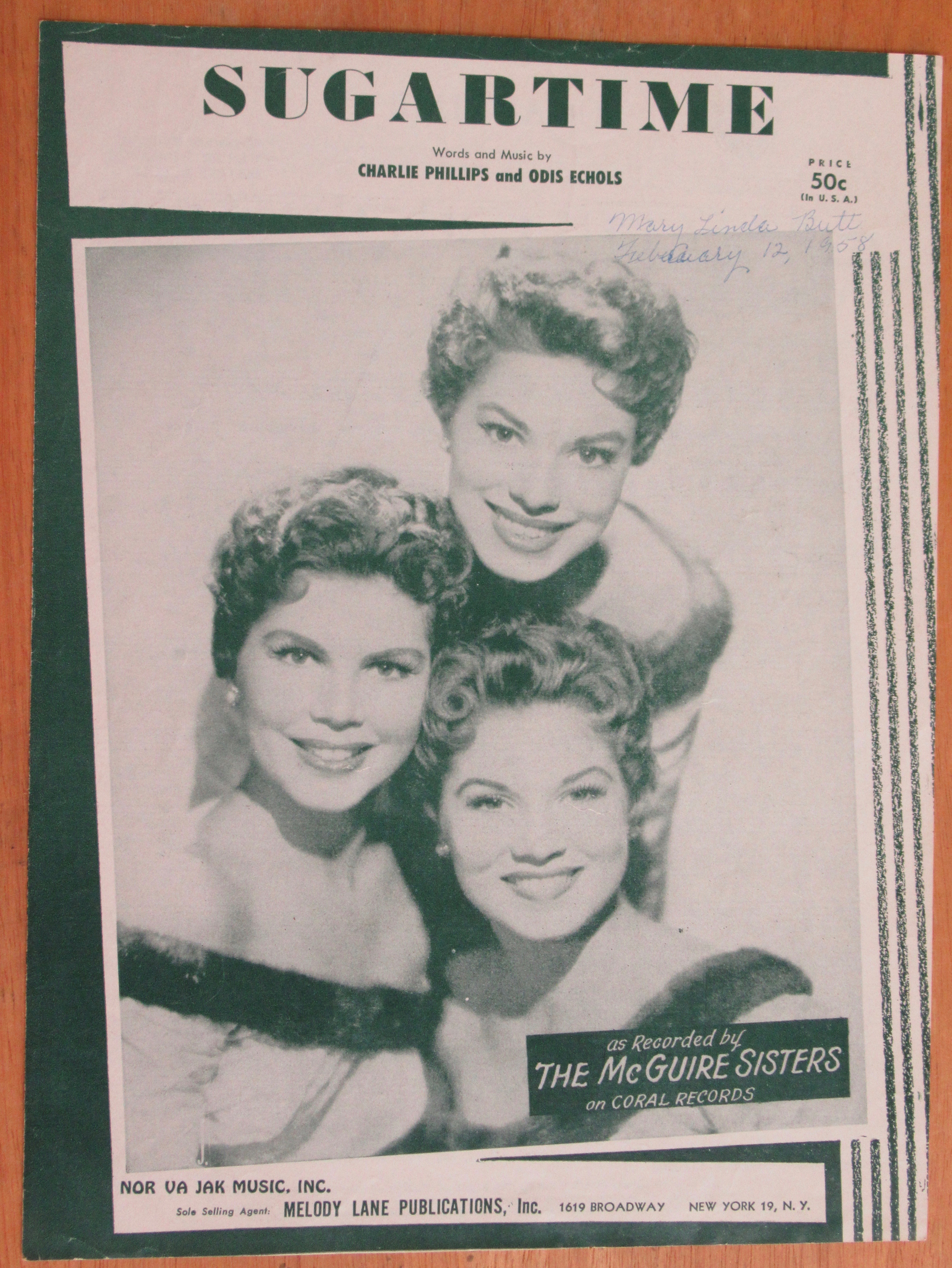 1956 Sugartime Sheet Music (McGuire Sisters Cover)