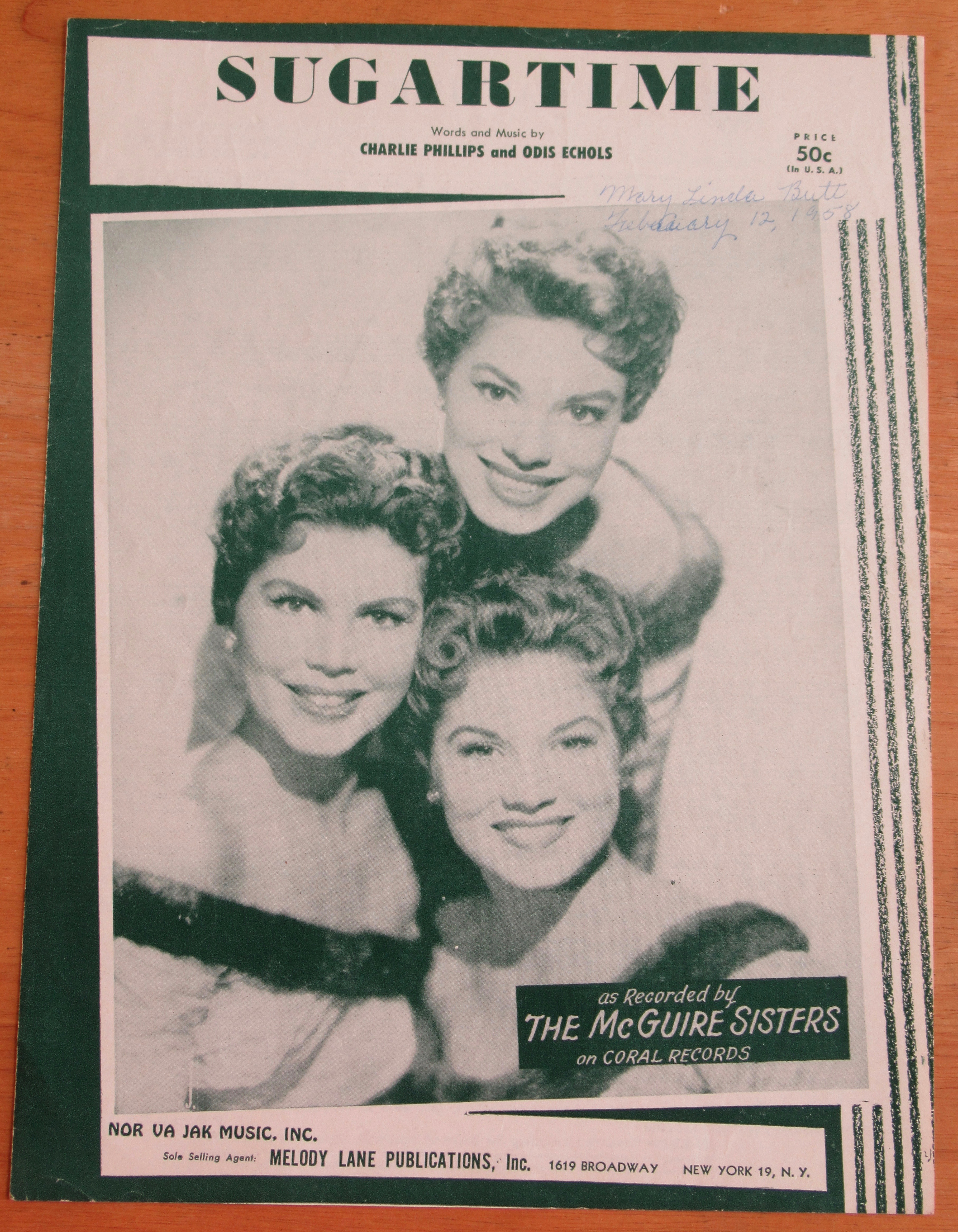 1956 Sugartime Sheet Music (McGuire Sisters Cover)