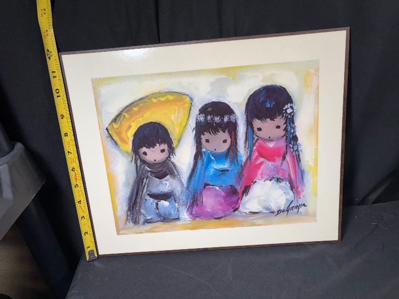 Vintage Ted DeGrazia Laminated Wood Art Plaques Pair Wee Three Flower Vendor