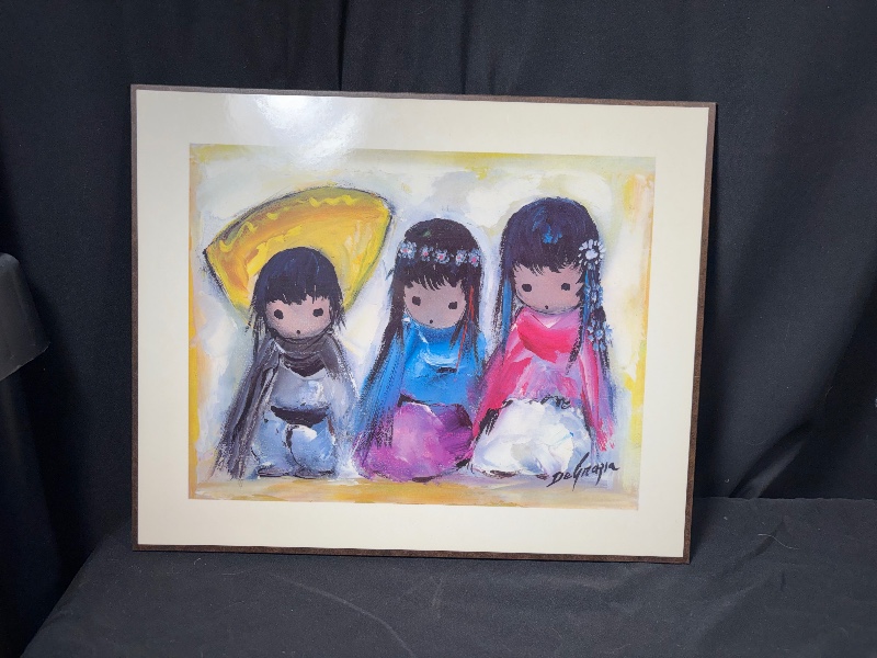 Vintage Ted DeGrazia Laminated Wood Art Plaques Pair Wee Three Flower Vendor
