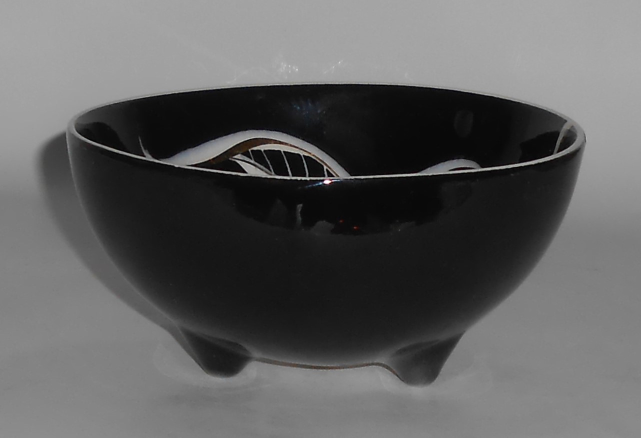 Sascha Brastoff Pottery Black W/Floral Decoration Tri-F