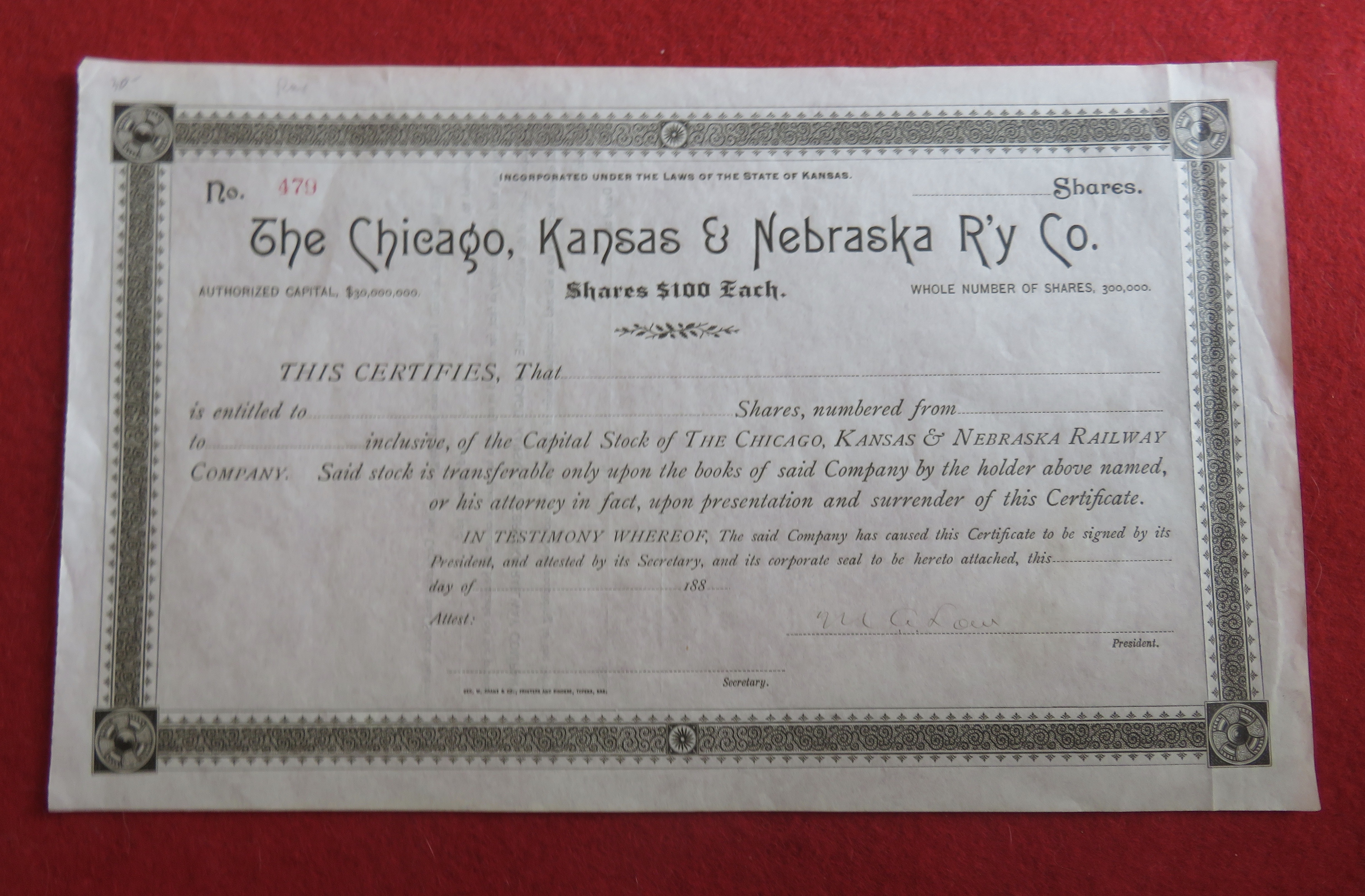 1880's The Chicago, Kansas & Nebraska Railway Co Stock