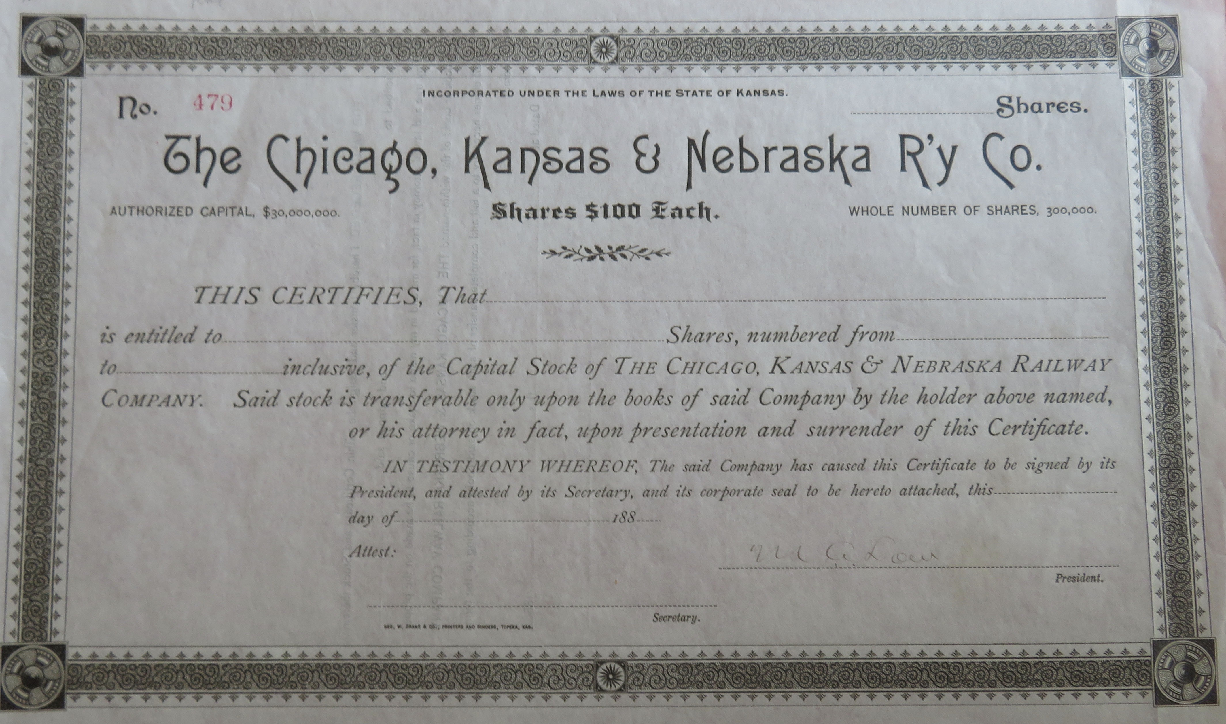 1880's The Chicago, Kansas & Nebraska Railway Co Stock