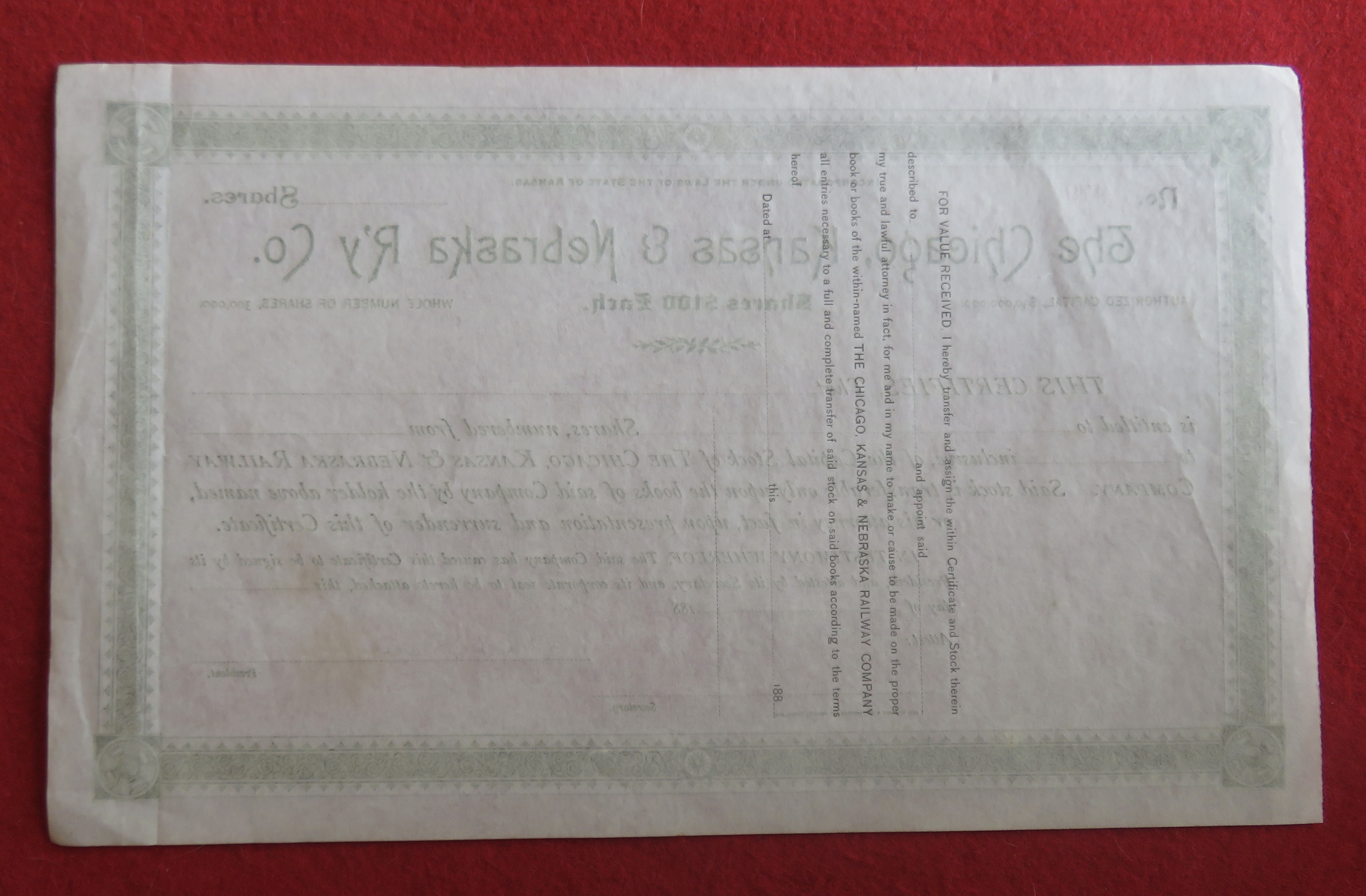 1880's The Chicago, Kansas & Nebraska Railway Co Stock