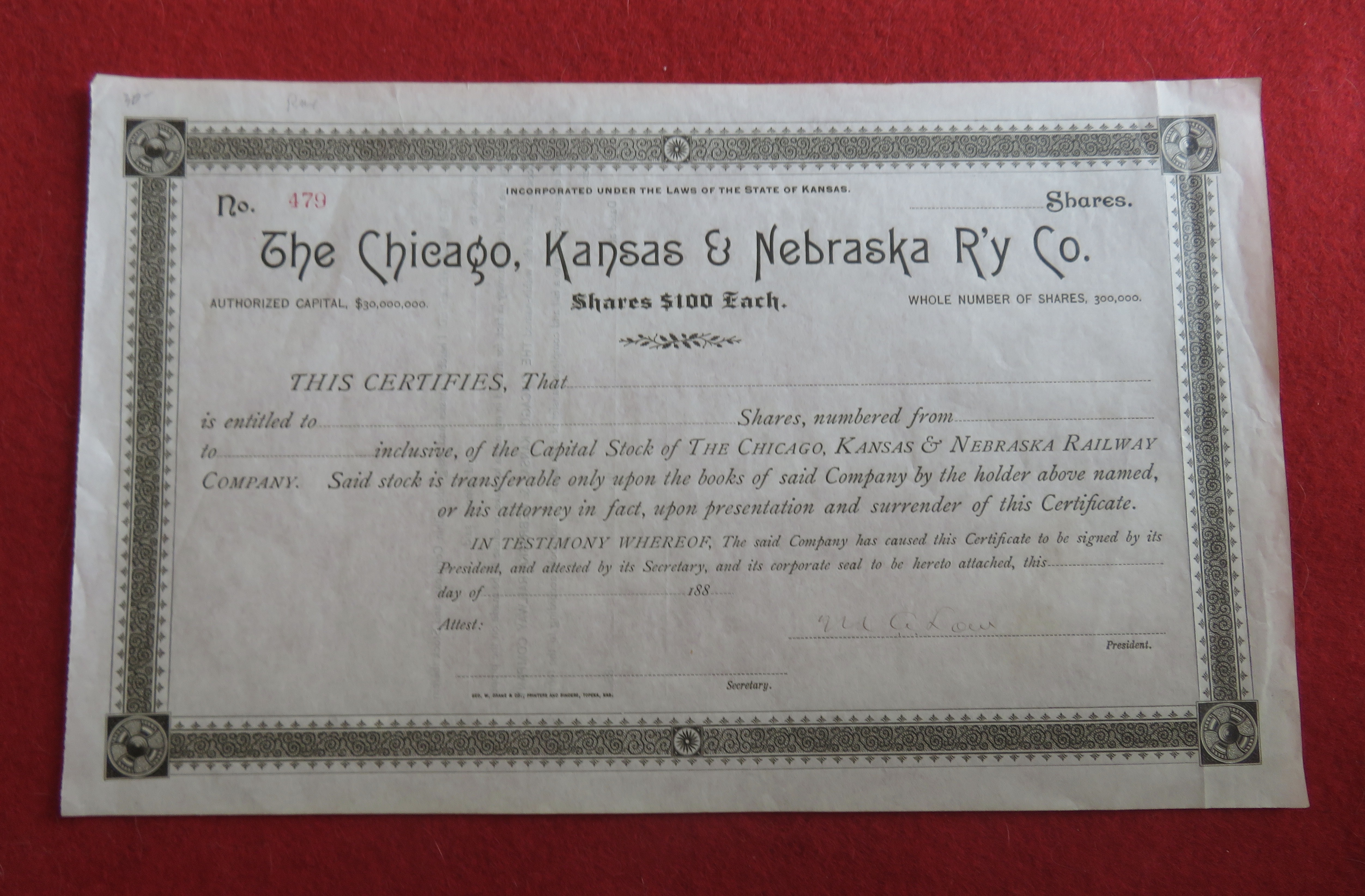 1880's The Chicago, Kansas & Nebraska Railway Co Stock