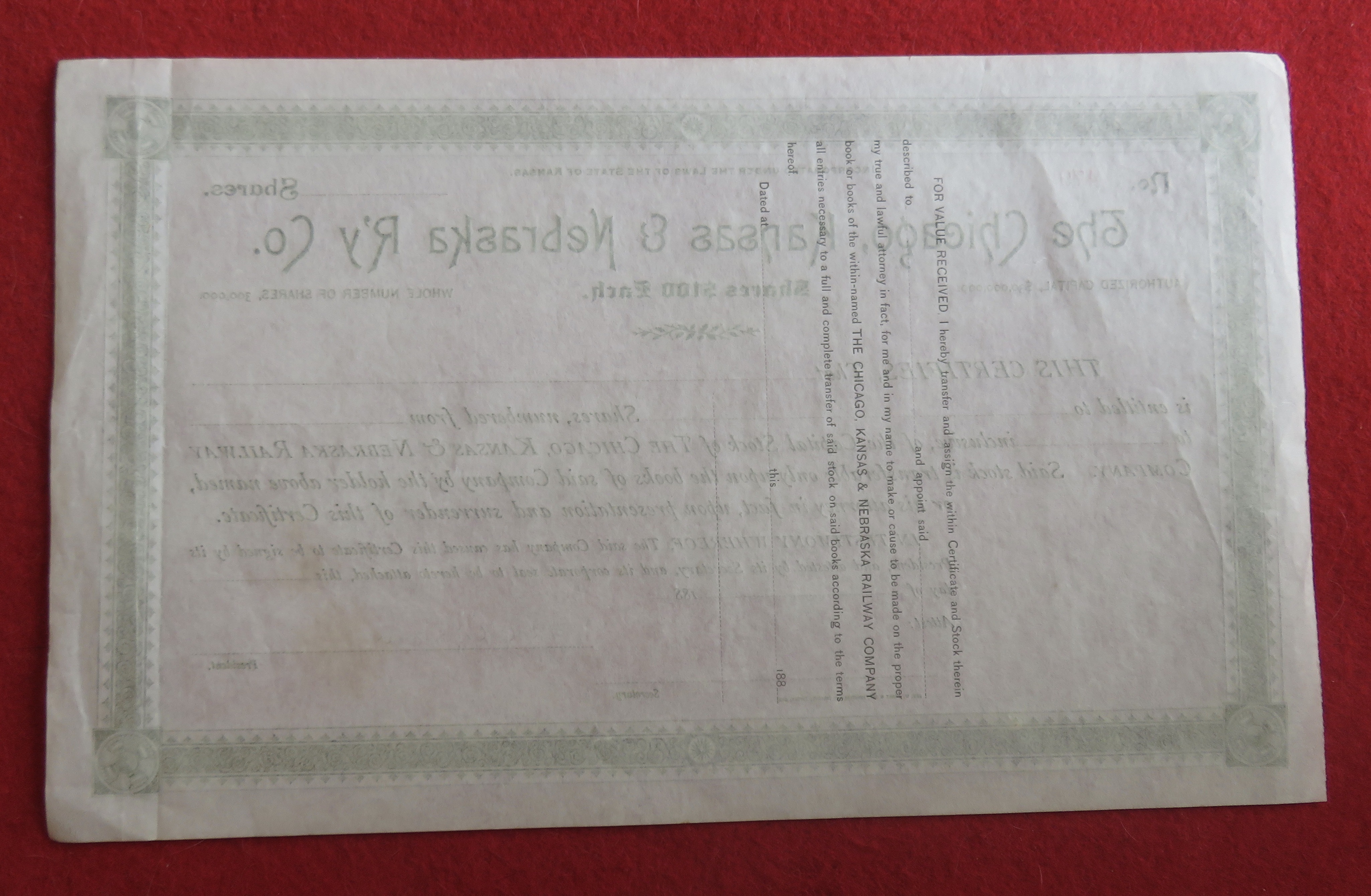 1880's The Chicago, Kansas & Nebraska Railway Co Stock