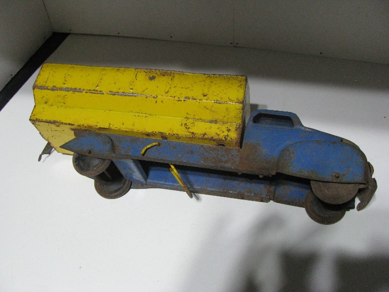 Vintage Pressed Steel Streamlined Dump Truck Toy - Blue & Yellow