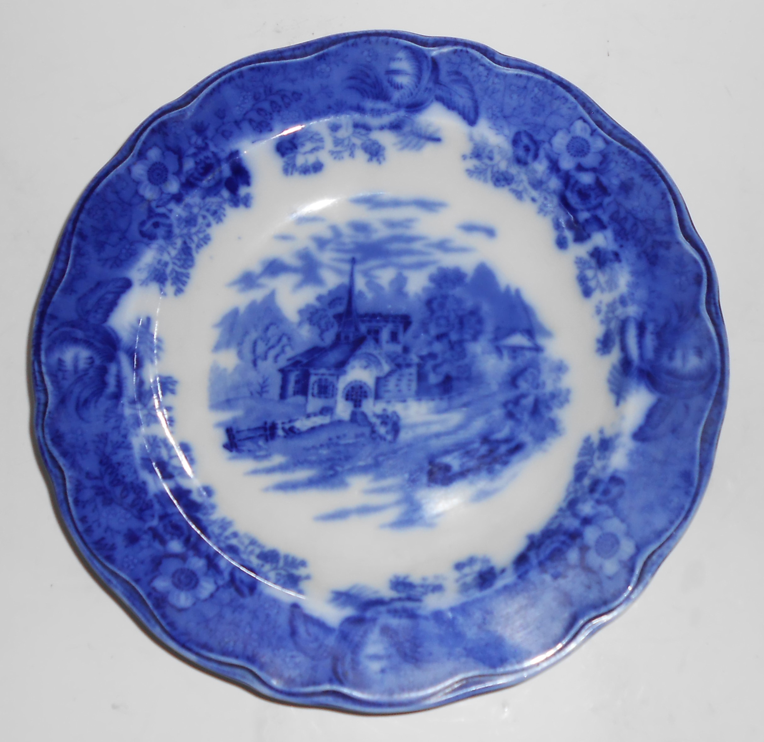 England Flow Blue China Country Scenes Rimmed Soup Bowl