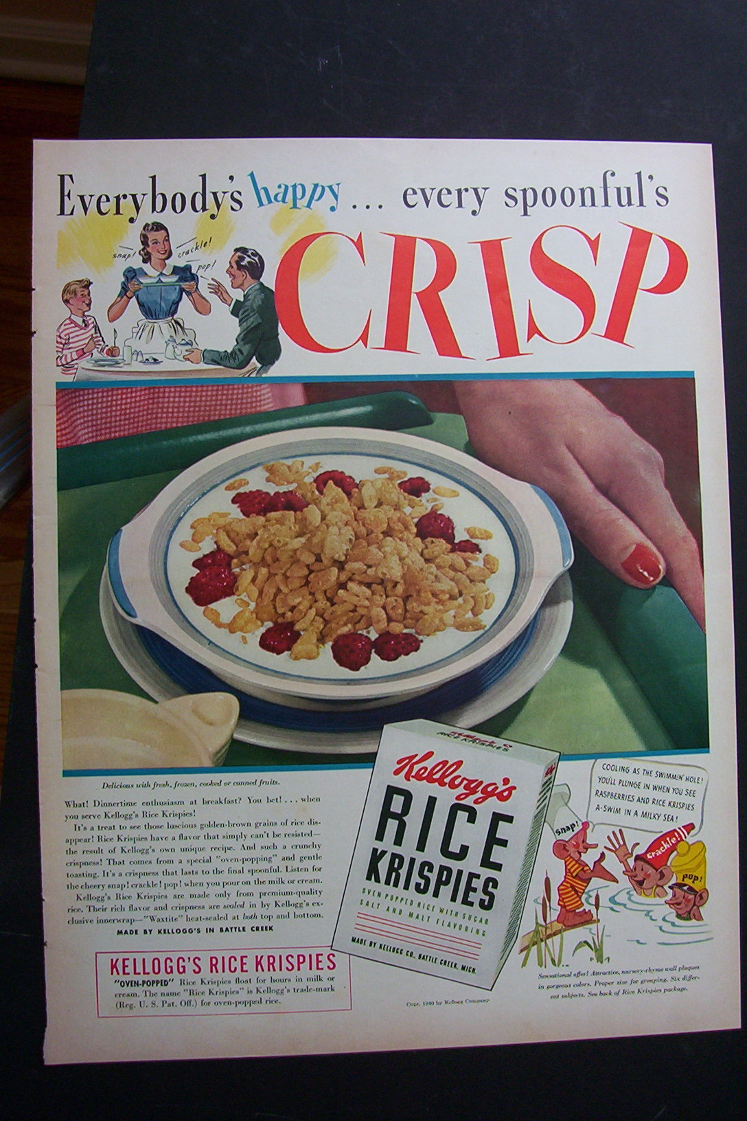1940 Kellogg Rice Krispies Cereal w/Snap, Crackle & Pop