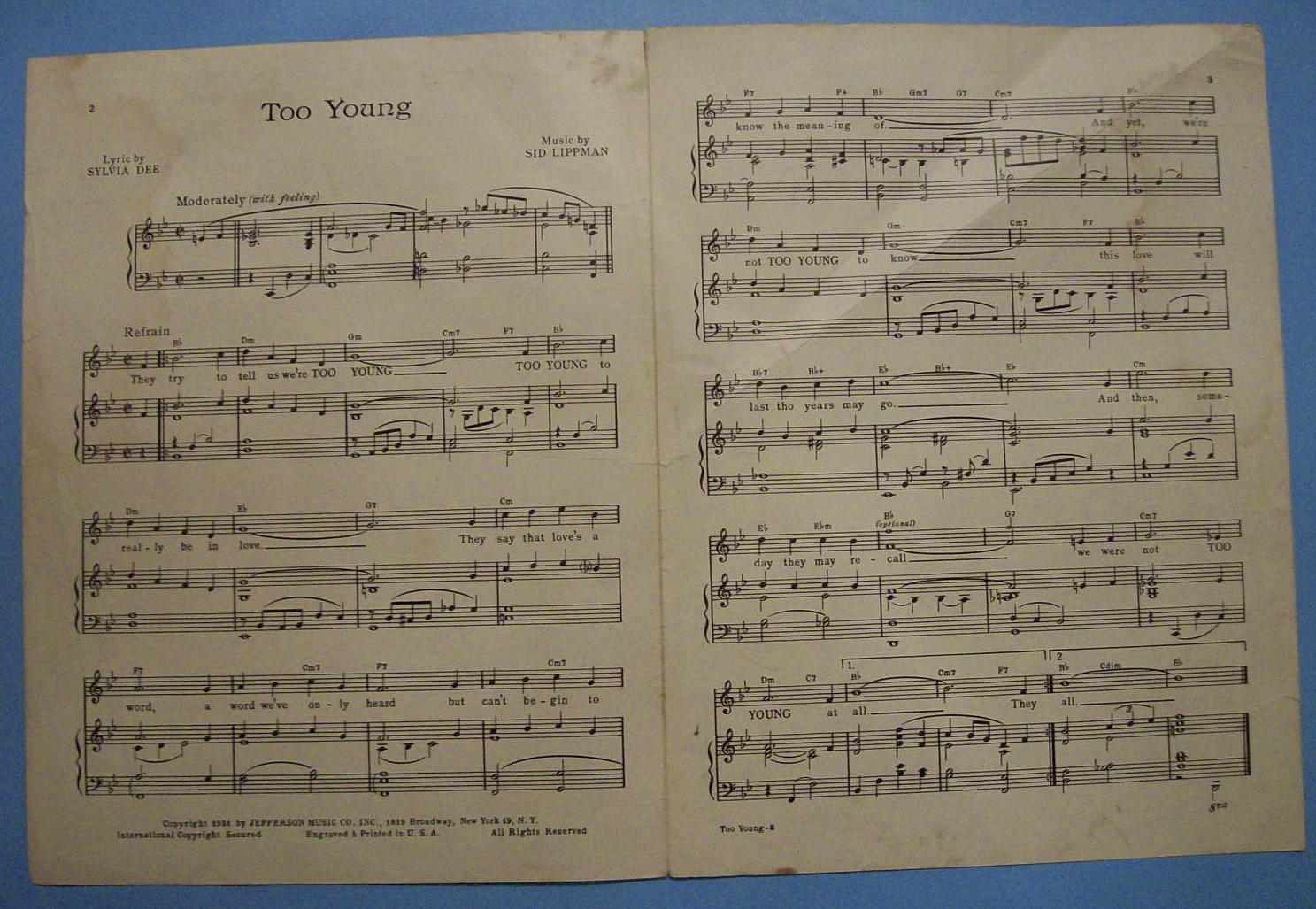 Sheet Music For 1951 Too Young (Johnny Desmond)