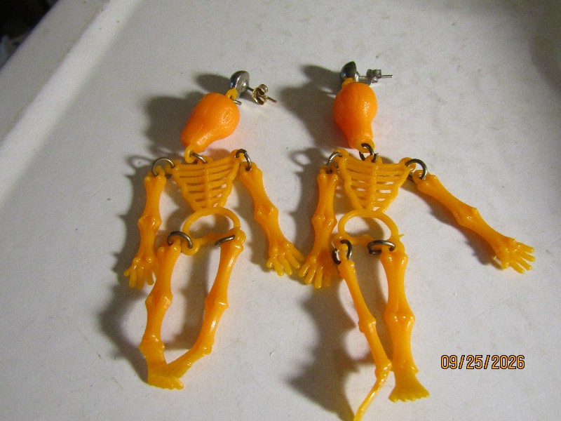 Vintage Orange Plastic Skeleton Dangle Earrings Halloween Novelty Pierced