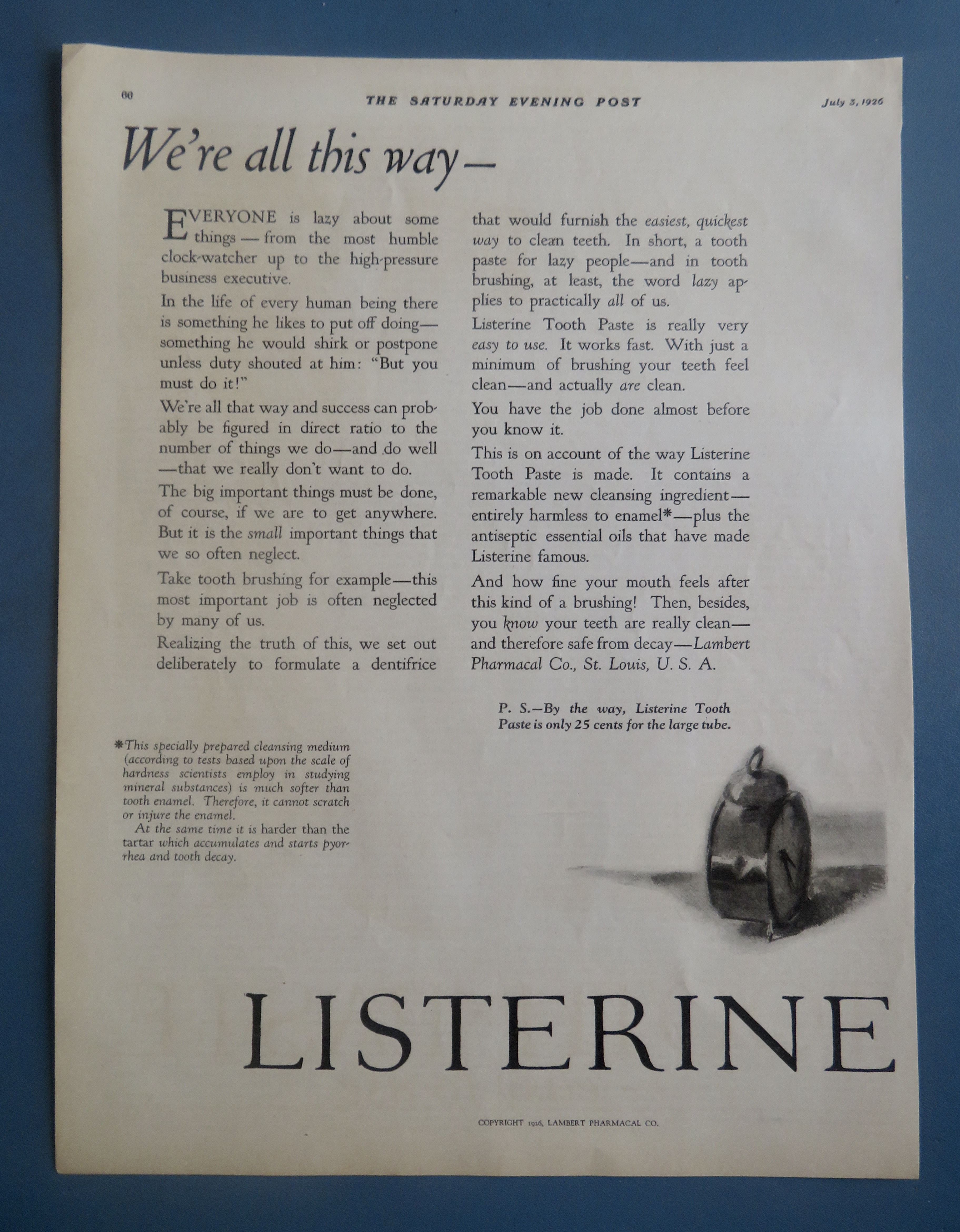 1926 Listerine Toothpaste with Man Working
