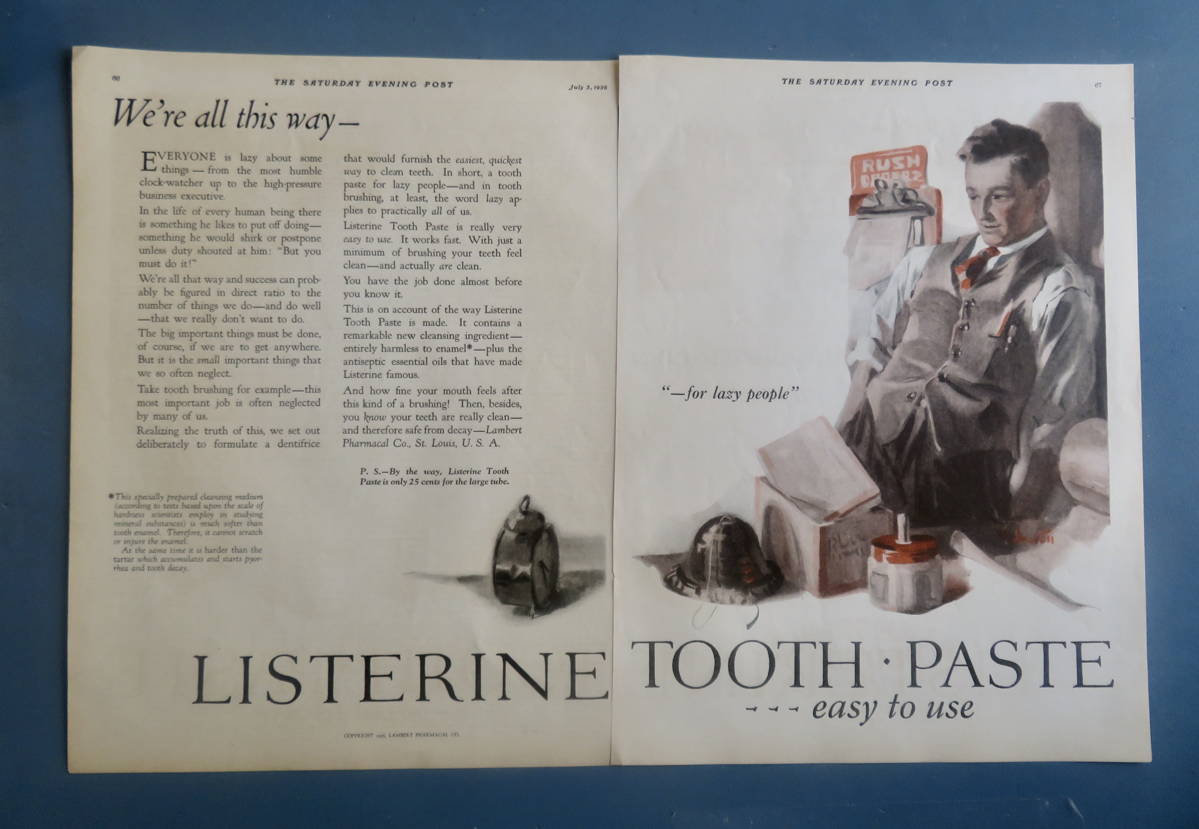 1926 Listerine Toothpaste with Man Working