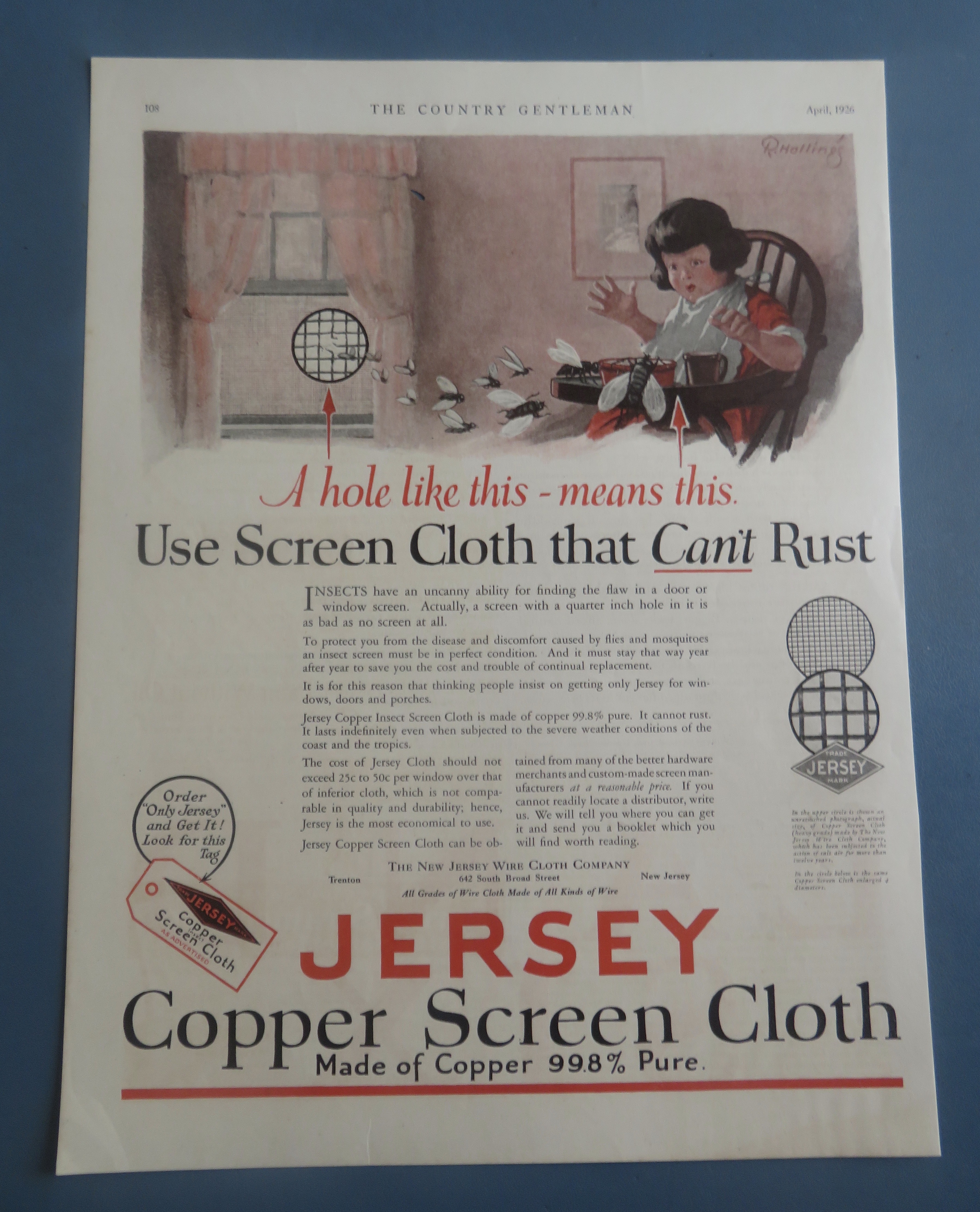 1926 Jersey Copper Screen Cloth with Girl & Bugs