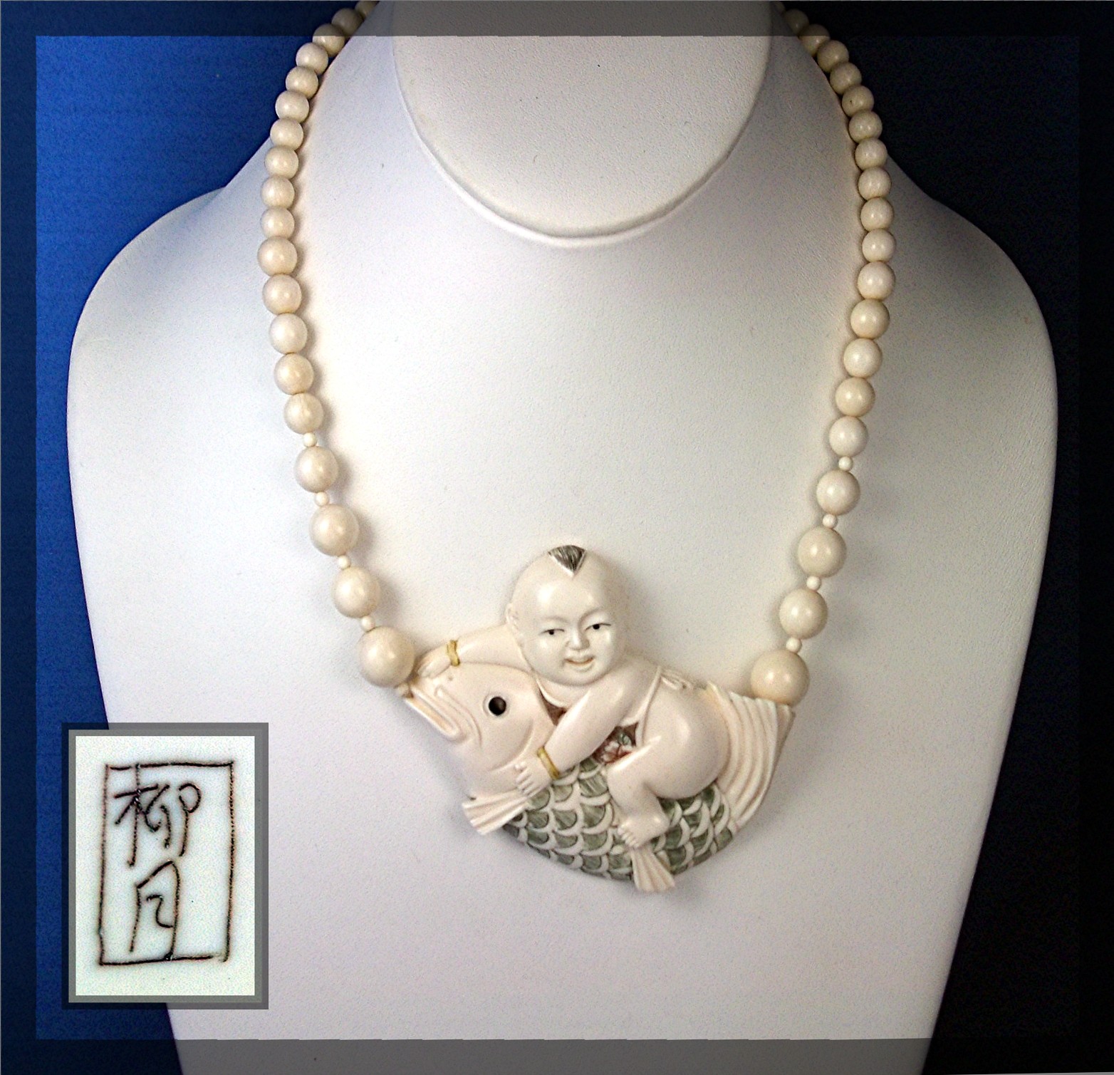 Ivory Baby Riding Fish Pre Ban  60s Signed Necklace