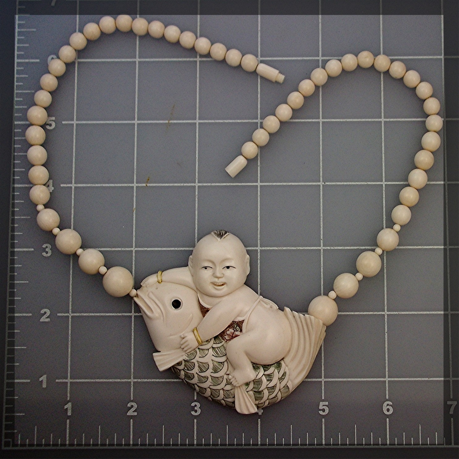 Ivory Baby Riding Fish Pre Ban  60s Signed Necklace