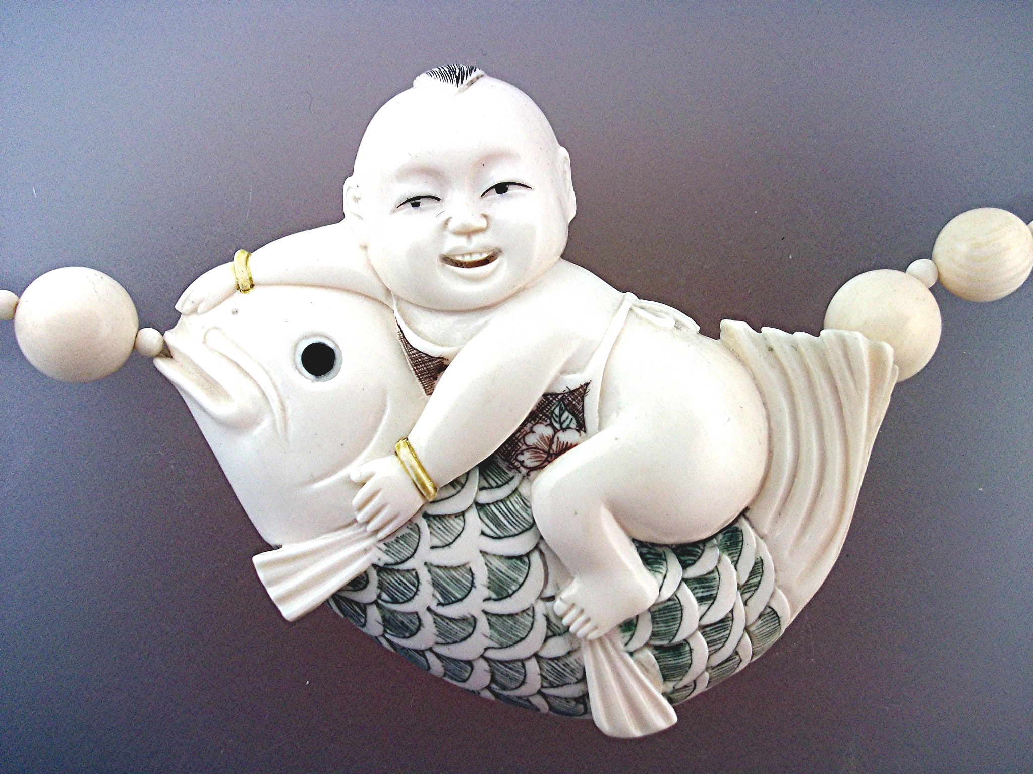 Ivory Baby Riding Fish Pre Ban  60s Signed Necklace