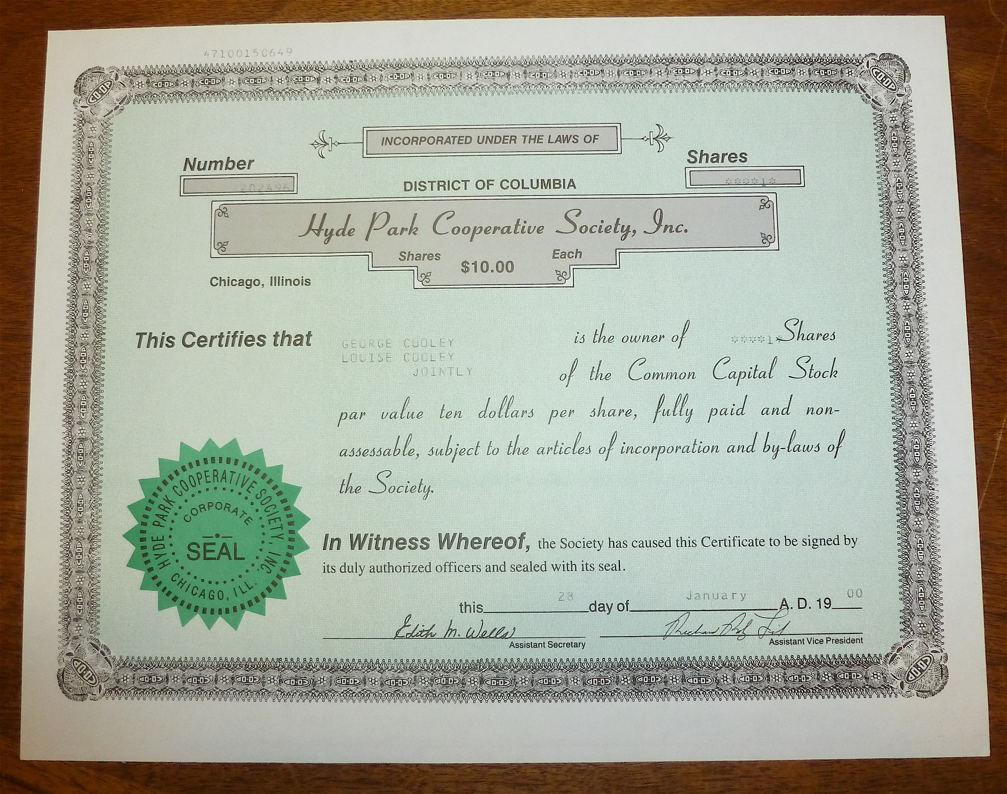 1900 Hyde Park Cooperative Society Stock Certificate
