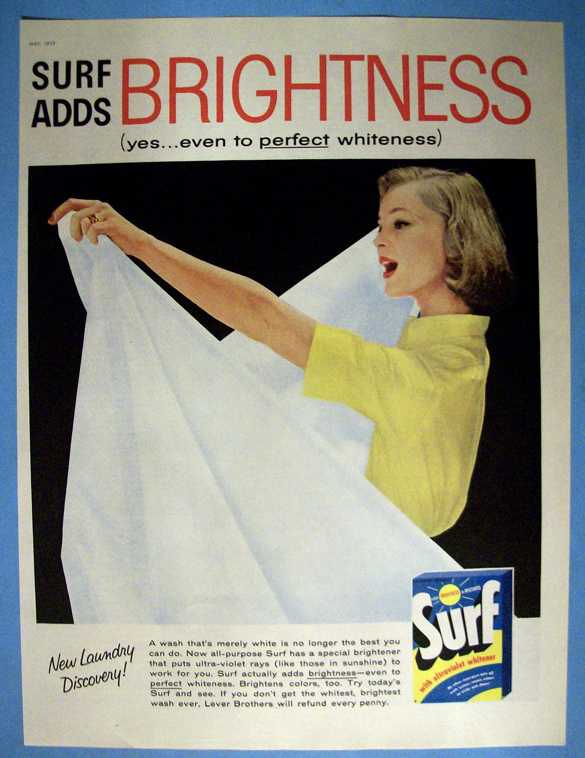 1957 Surf Detergent w/Woman Looking at White Bed Sheet