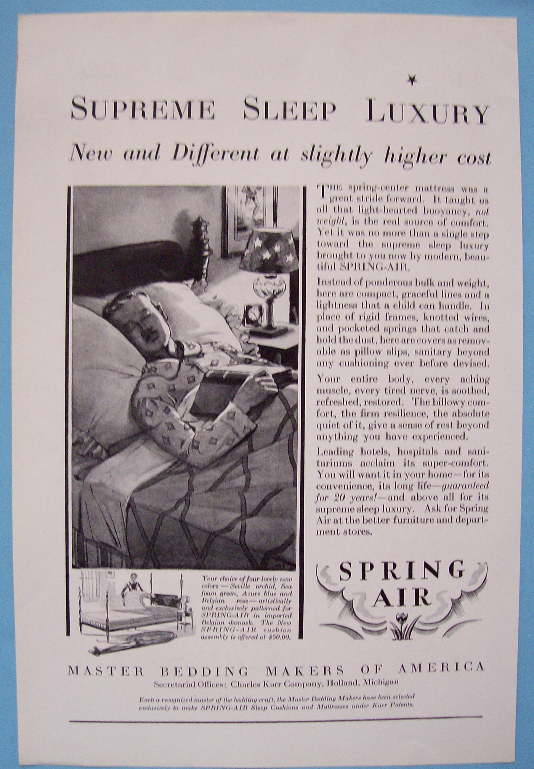 1930 Spring Air Bedding with Man Sleeping In Bed