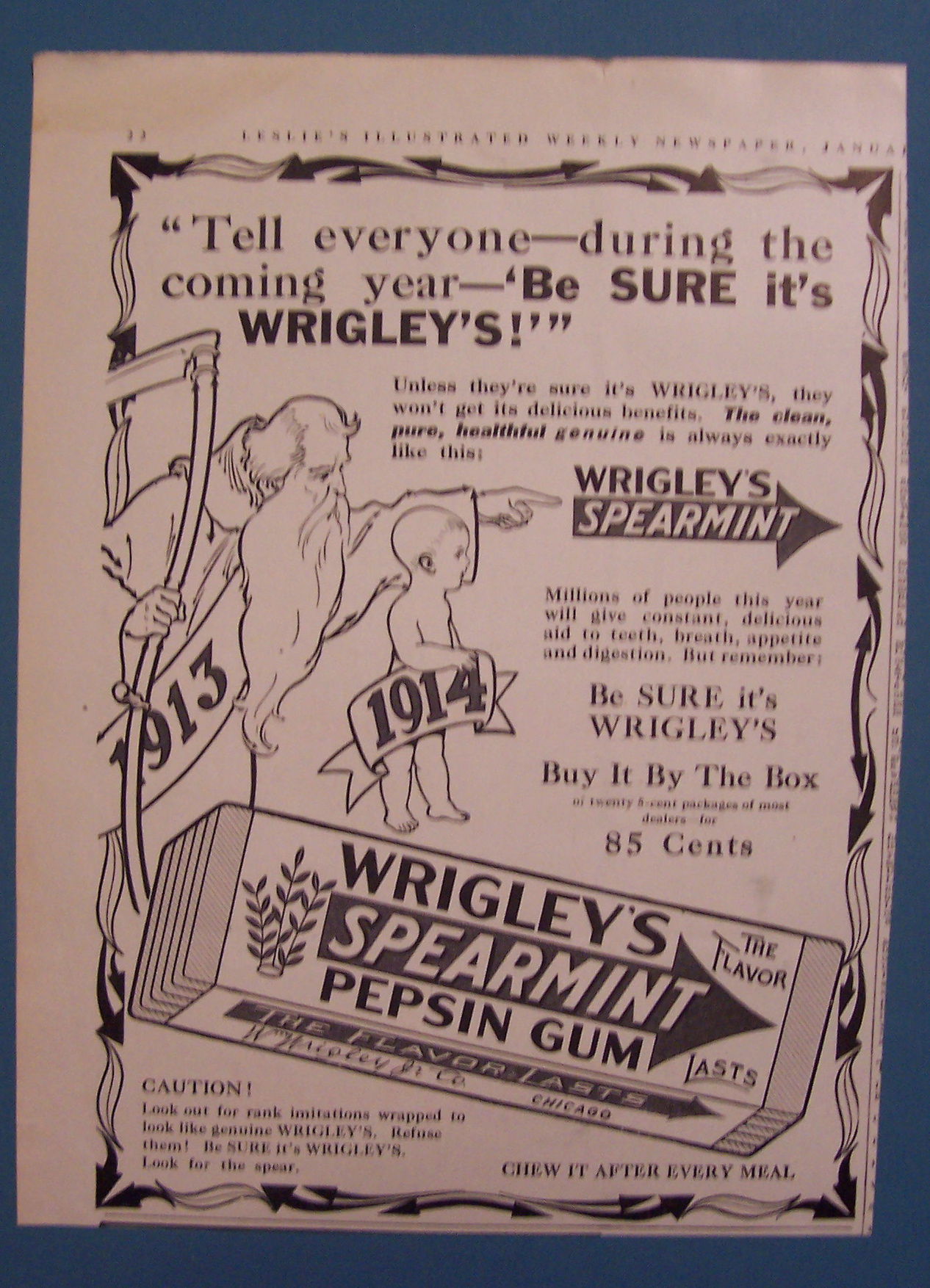 1914 Wrigley's Spearmint Pepsin Gum with Baby & Ribbon