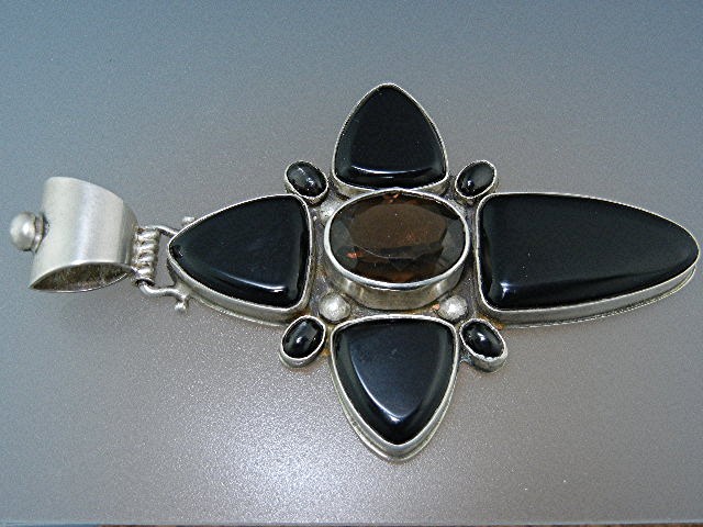 David Troutman Sterling Silver Onyx Smoky Topaz Cross