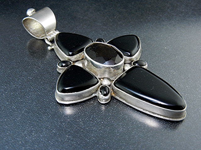 David Troutman Sterling Silver Onyx Smoky Topaz Cross