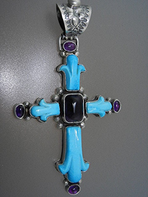 David Troutman Sterling Silver Carved Turquoise Cross