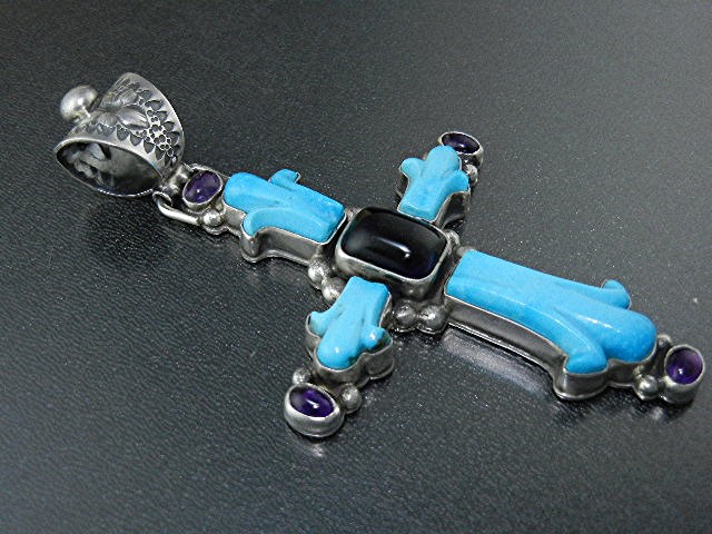 David Troutman Sterling Silver Carved Turquoise Cross