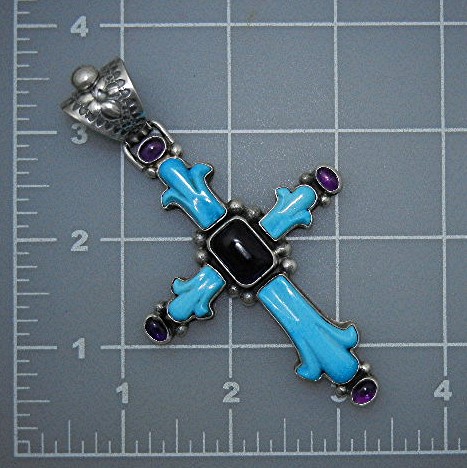 David Troutman Sterling Silver Carved Turquoise Cross