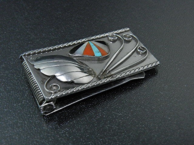 Native American Sterling Silver Coral Inlay Money Clip