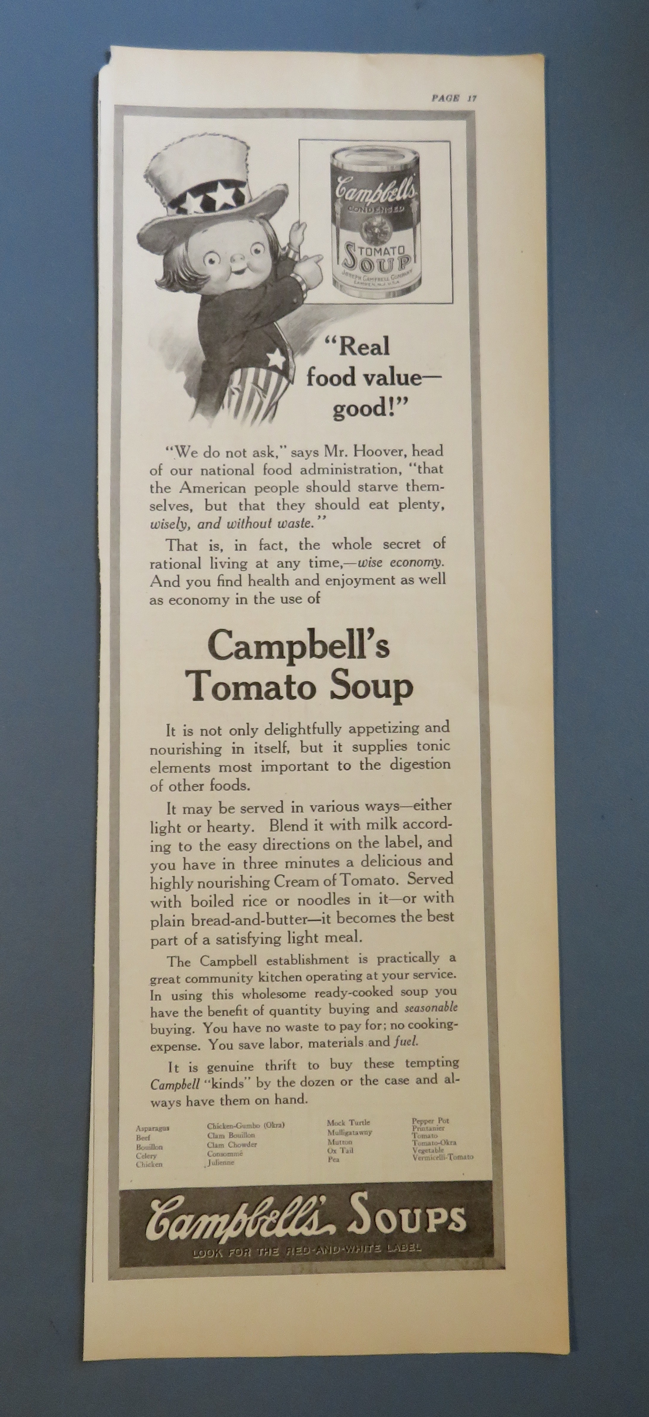 1917 Campbell's Tomato Soup with Uncle Sam Campbell Kid