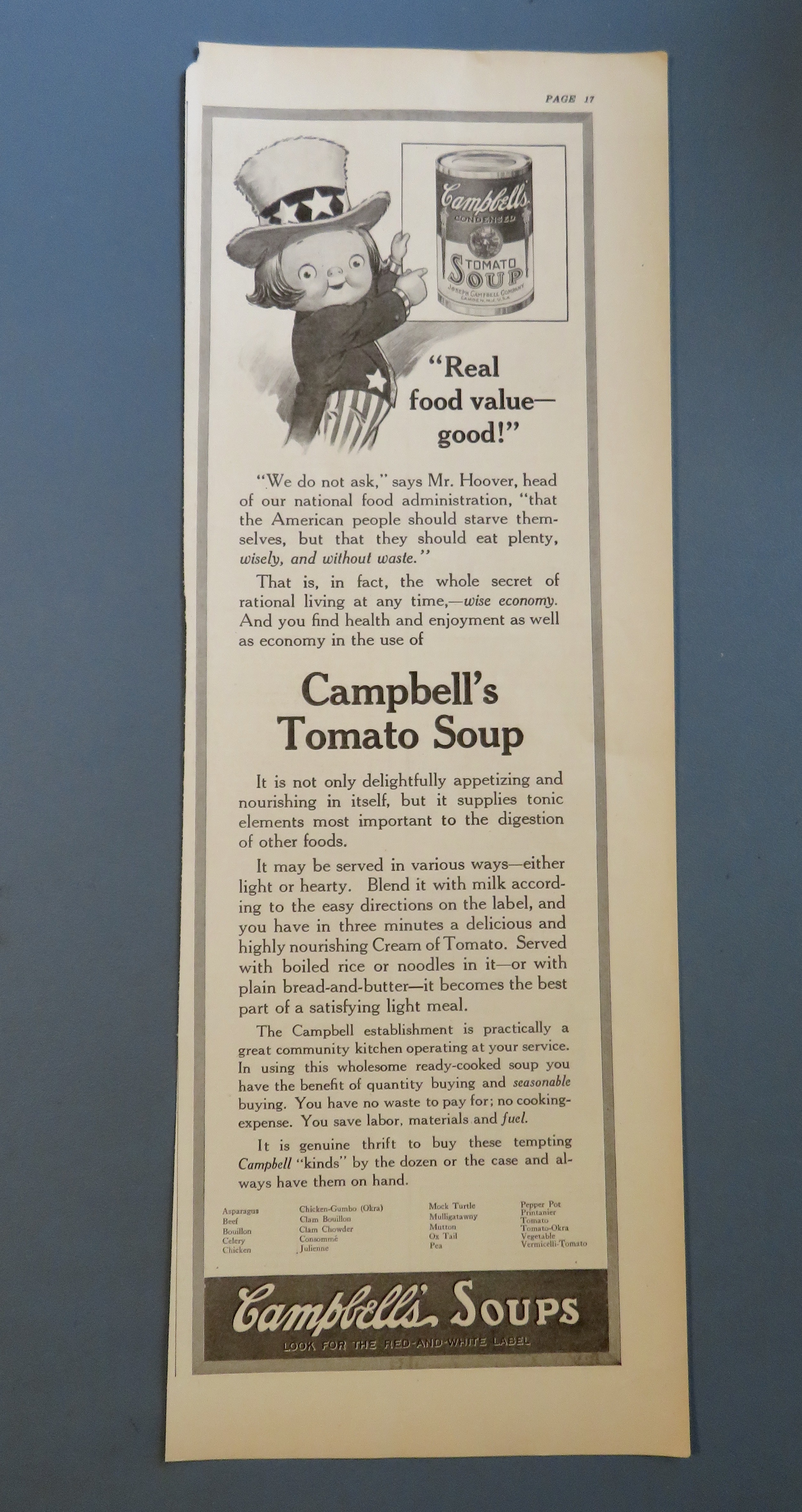 1917 Campbell's Tomato Soup with Uncle Sam Campbell Kid