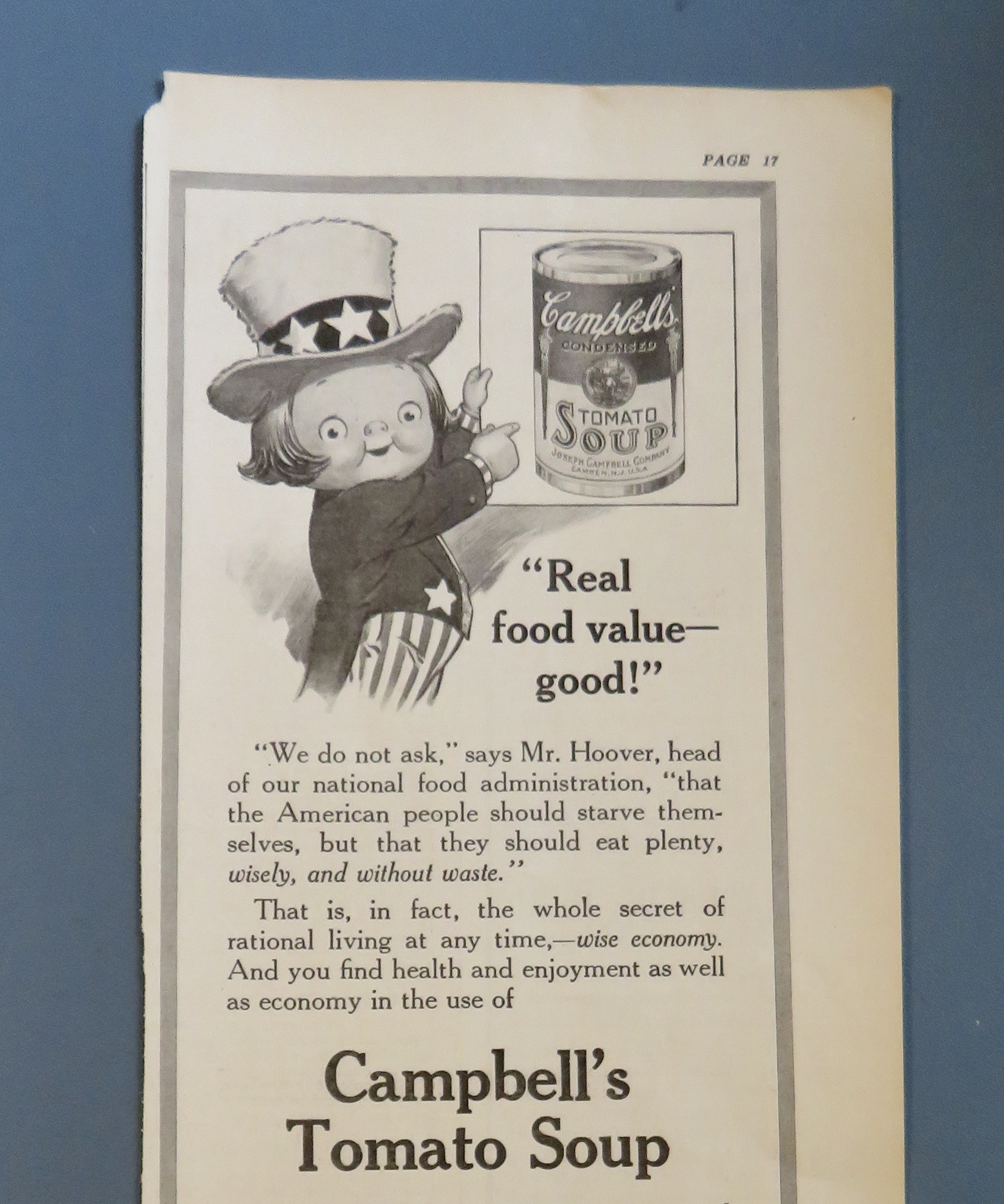 1917 Campbell's Tomato Soup with Uncle Sam Campbell Kid