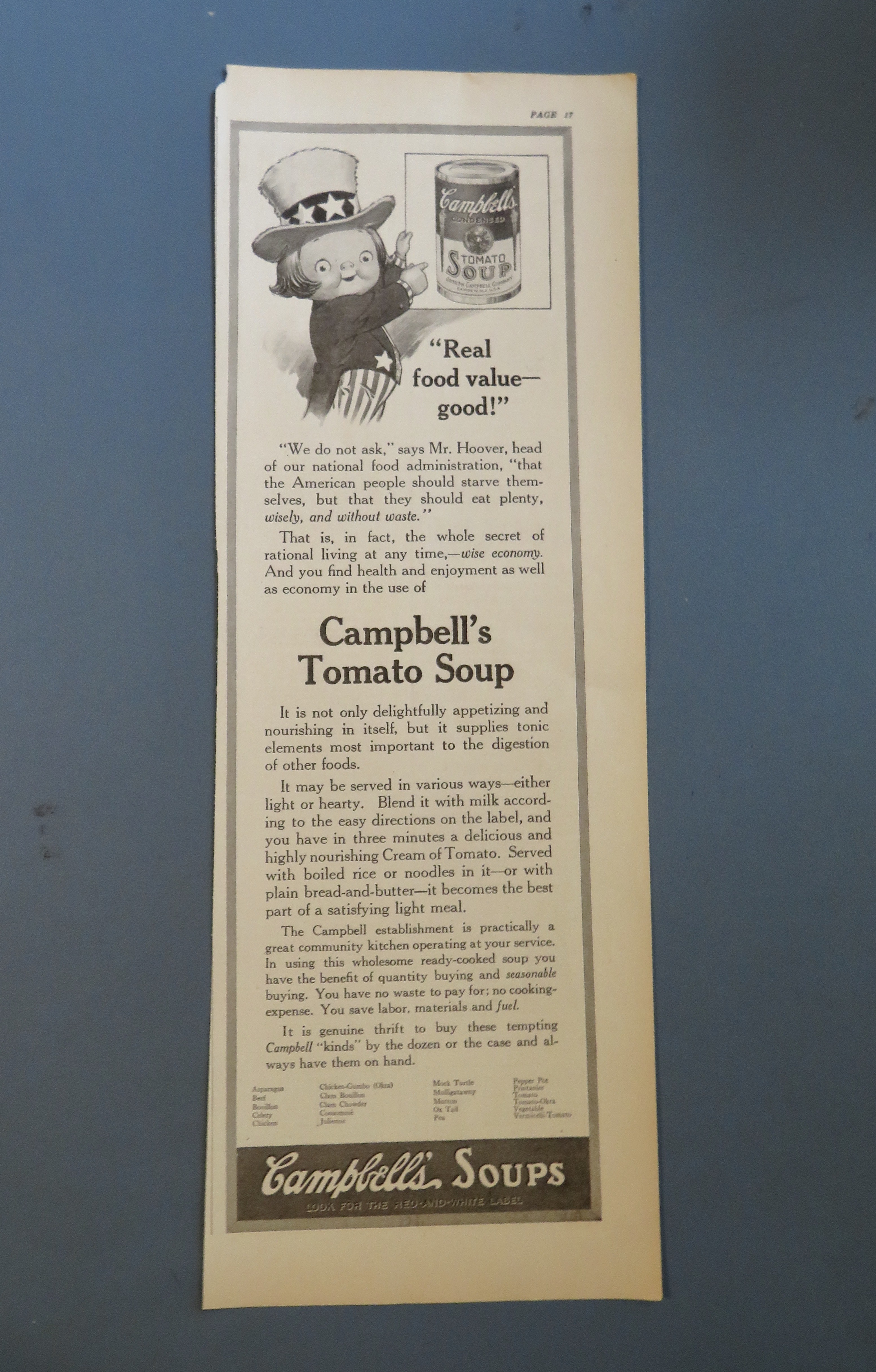 1917 Campbell's Tomato Soup with Uncle Sam Campbell Kid