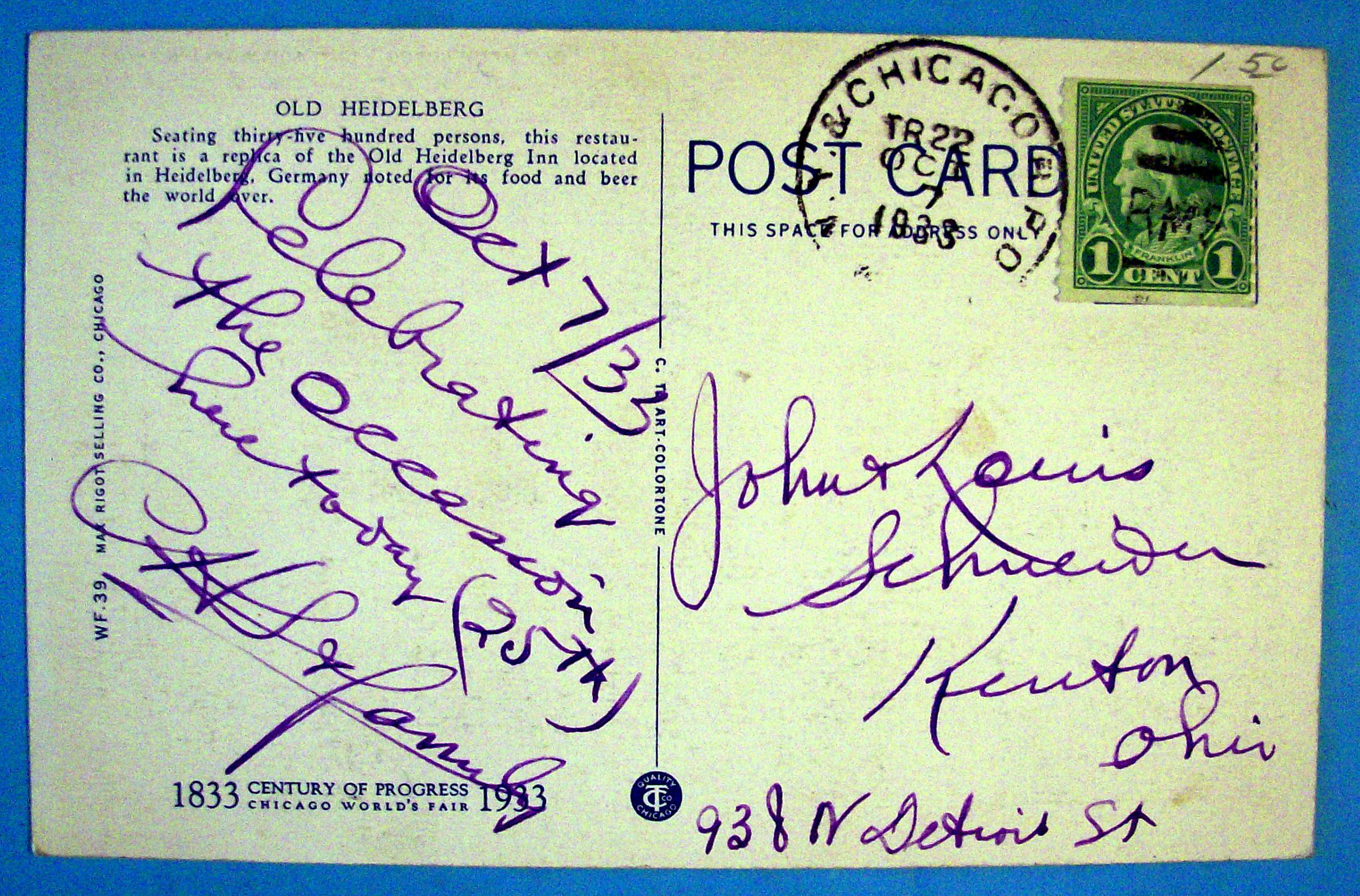 Old Heidelberg Inn Postcard (Chicago World's Fair)