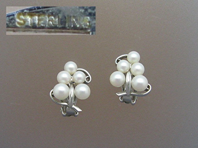 Cultured Pearl Sterling Silver Clip Earrings Vintage