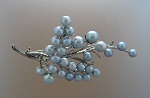 Cultured  Blue Pearls Sterling Silver Spray Brooch