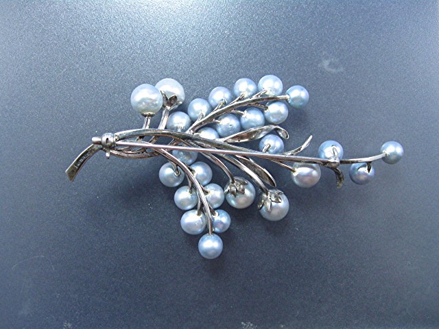 Cultured  Blue Pearls Sterling Silver Spray Brooch