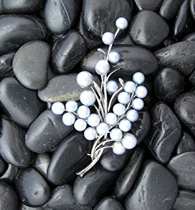 Cultured  Blue Pearls Sterling Silver Spray Brooch