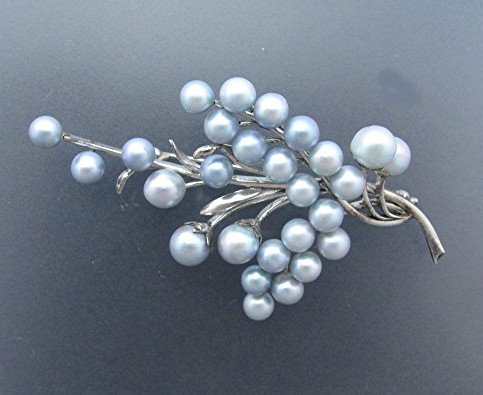 Cultured  Blue Pearls Sterling Silver Spray Brooch