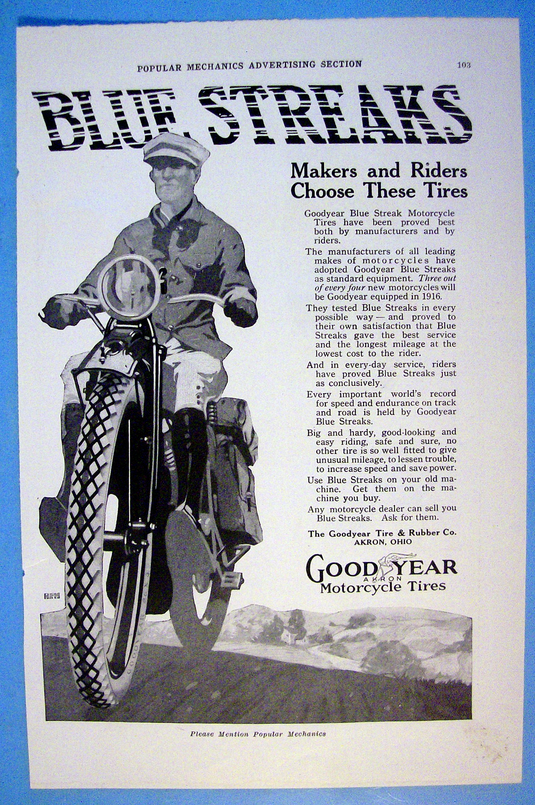 1916 Goodyear Motorcycle Tires with Motorcycle & Rider