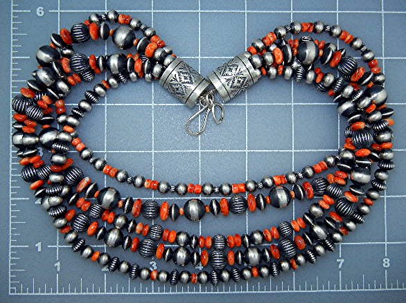 Navajo Pearls Sterling Silver Spiny Oyster 5 Strands