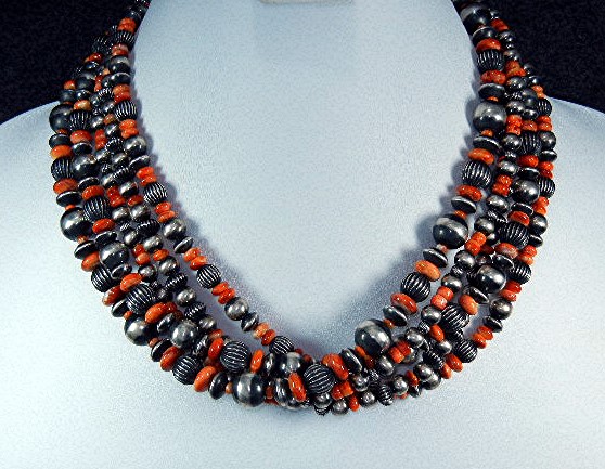 Navajo Pearls Sterling Silver Spiny Oyster 5 Strands