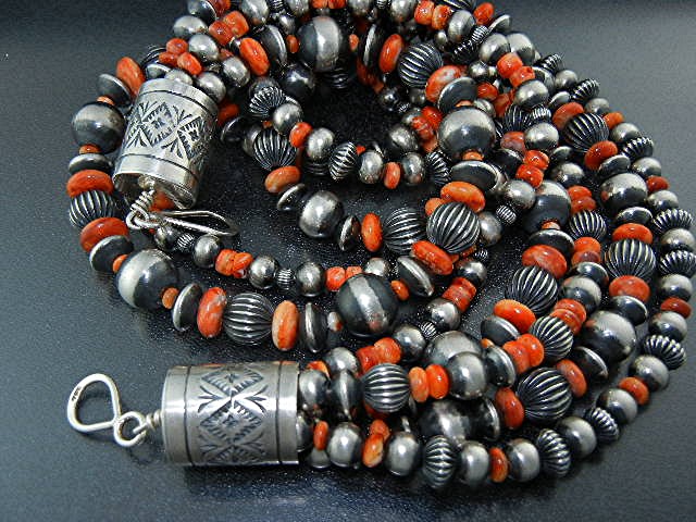 Navajo Pearls Sterling Silver Spiny Oyster 5 Strands