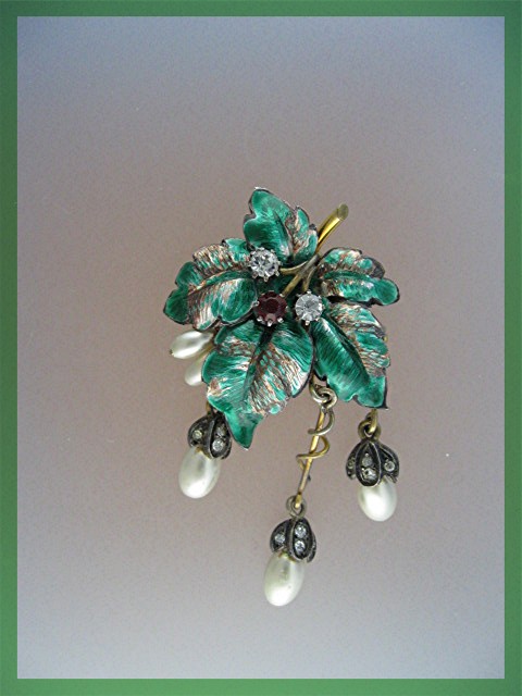 Brooch Gold Silver Pearl Enamel Crystal Pin