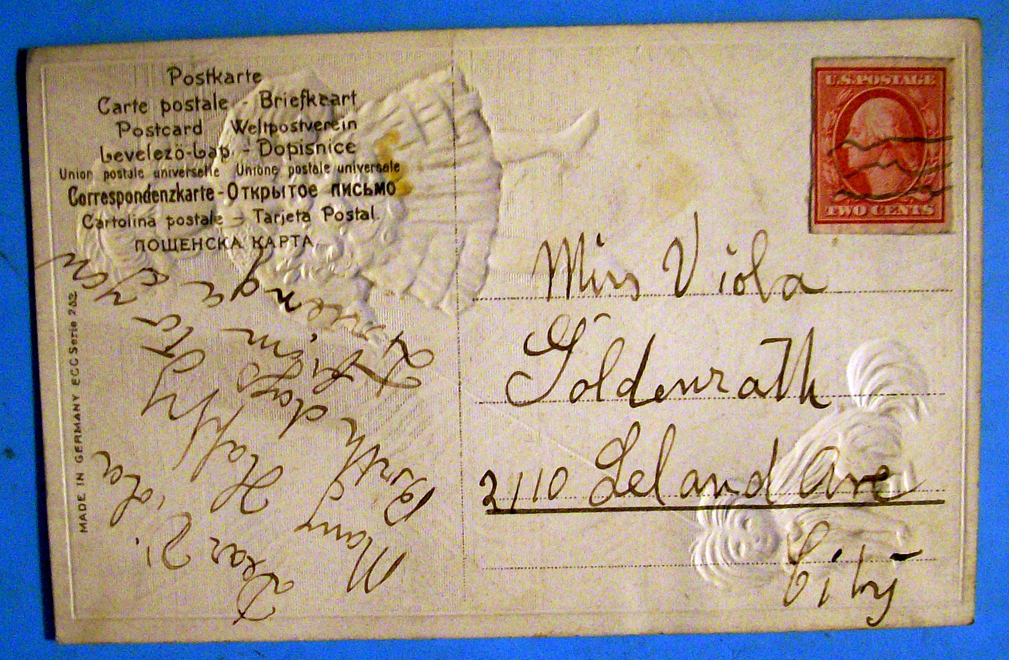 Best Wishes Postcard w/Little Girl & Dog-Fabric Overlay