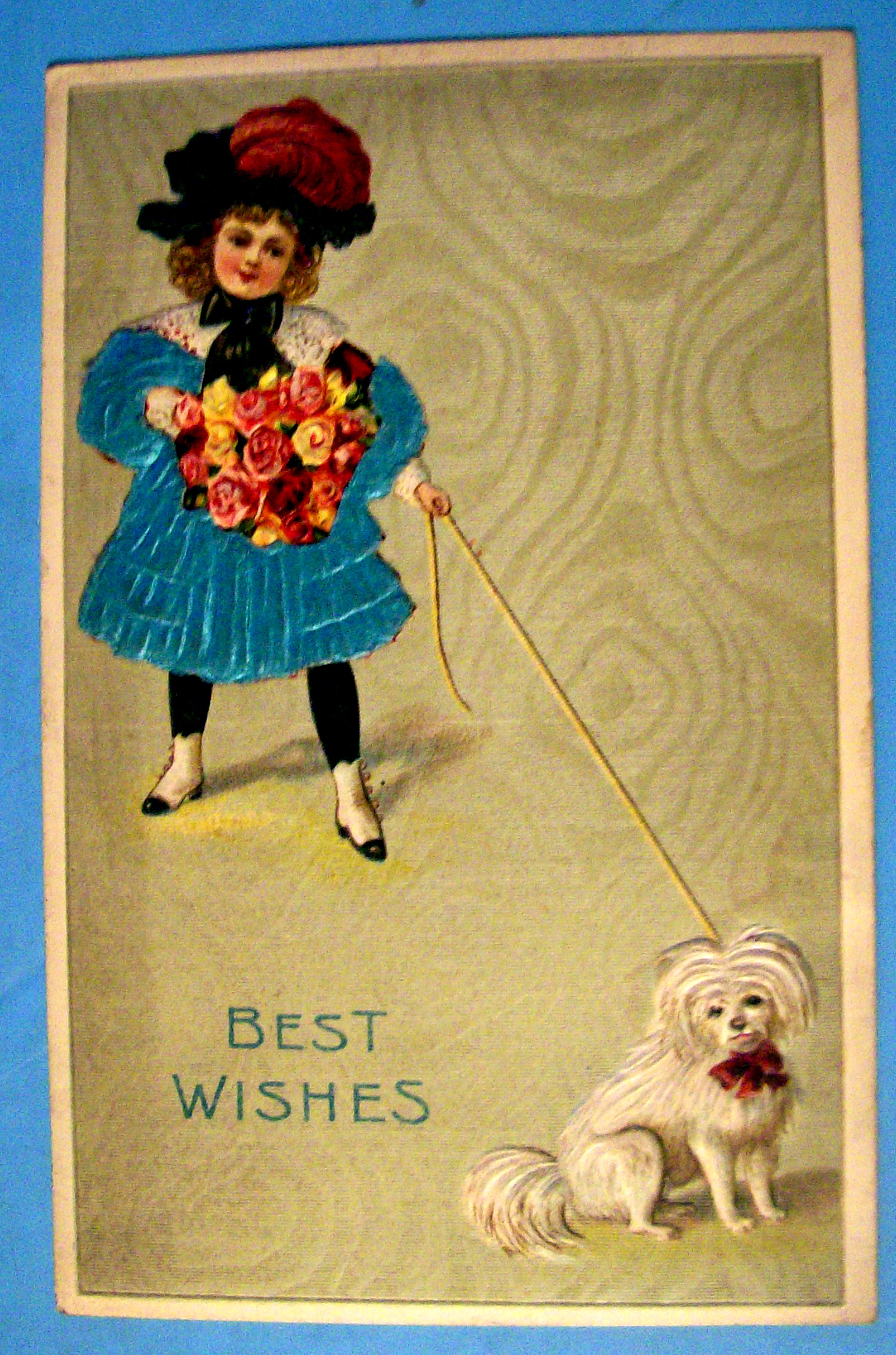 Best Wishes Postcard w/Little Girl & Dog-Fabric Overlay